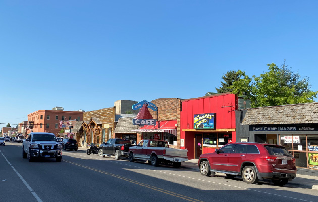 Red Lodge's main street on a blue-sky day